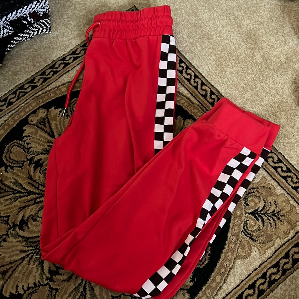 Red Sweatpants with Checkerboard Pattern